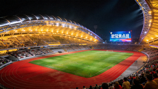 欧冠焦点战役夜间灯光下壮丽的现代化足球竞技球场